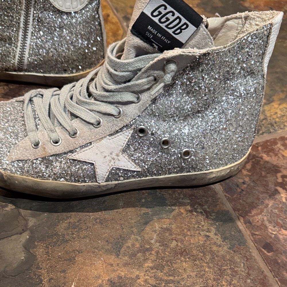 GOLDEN GOOSE Women's Silver Glitter High-Top Sneakers - Picture 3 of 7